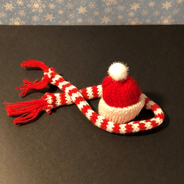 Miniature Knit Hat and Scarf, Christmas Decoration, Fairy Garden or Doll Winter Clothes