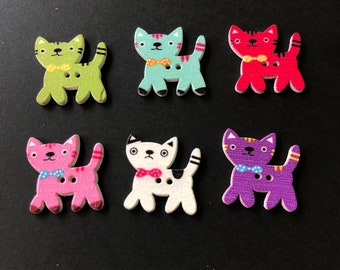 Six Wooden Cat Buttons, Sewing Buttons, Craft Buttons, Cartoon Cats