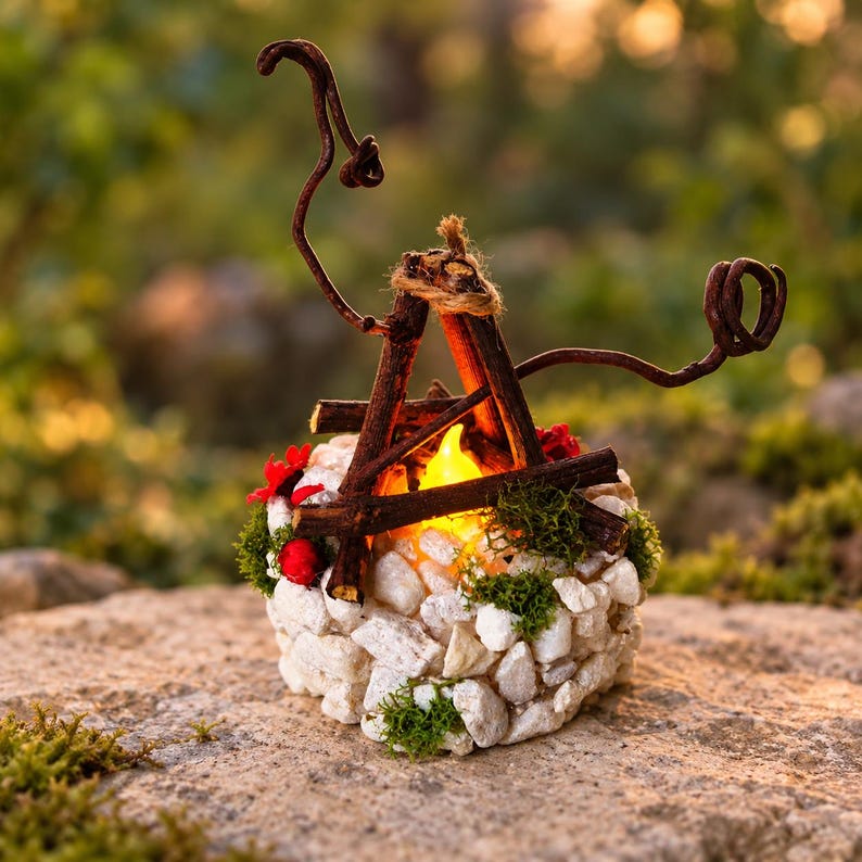 May include: A decorative miniature campfire ornament featuring a circular base of white stones and green moss. A small, glowing yellow LED flame sits inside a structure of dark brown twigs, accented with small red flowers and twine.