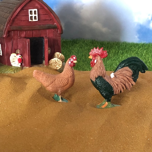 Large Miniature Rooster and Hen, Fairy Garden Farm Animals