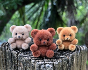 Cute Flocked Teddy Bear Figurine, Fairy Garden Miniature Teddy Bear Toy