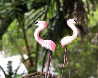 Two  Miniature Pink Flamingos, Fairy Garden Accessories, Tropical Birds