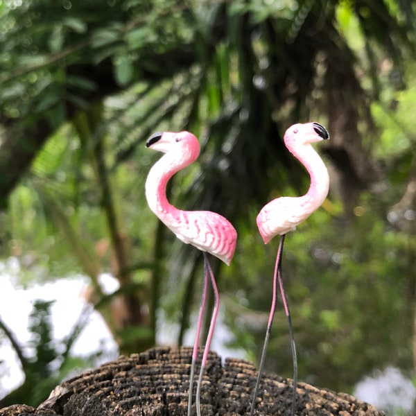 Two  Miniature Pink Flamingos, Fairy Garden Accessories, Tropical Birds