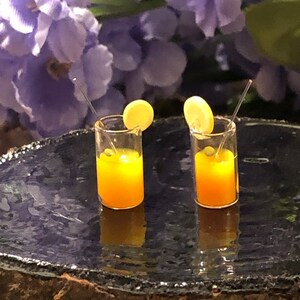Two Miniature Drinks, Fairy Garden Orange Juice, Dollhouse Bar Drinks, Kitchen Accessories