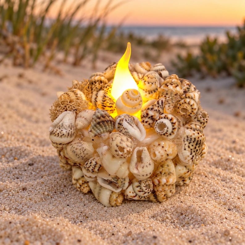 Miniature round fire pit covered with small patterned seashells around a glowing yellow LED flame, shown on sand with a beach sunset background. Shell arrangement varies on each made-to-order piece.