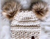 Double Pom Hat Fur Pom Hat Double Fur Pom Beanie Ivory Cream Hat