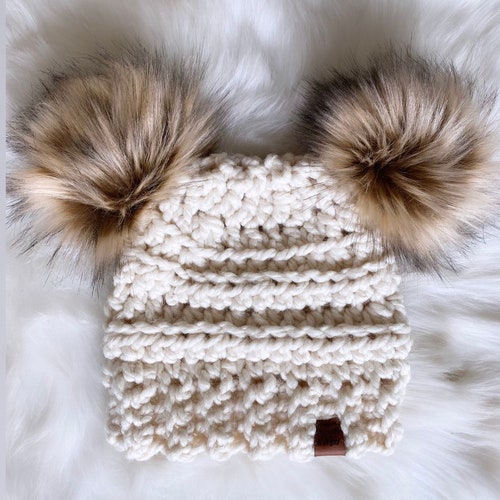 Double Pom Hat Fur Pom Hat Double Fur Pom Beanie Ivory Cream Etsy