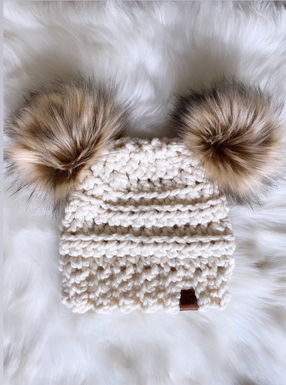 Beige Hat Faux Fur Pom Poms For Baby Hats Uk Baby Pom Hat Double