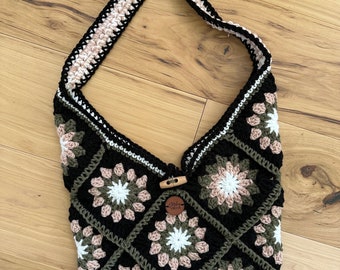 Sac à bandoulière carré grand-mère au crochet Sac fourre-tout noir