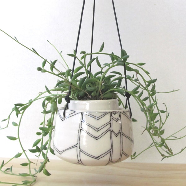 Small Black and White Hanging Chevron Planter. Succulent or herb planter. Pottery. Gift. Drainage hole. READY TO SHIP.