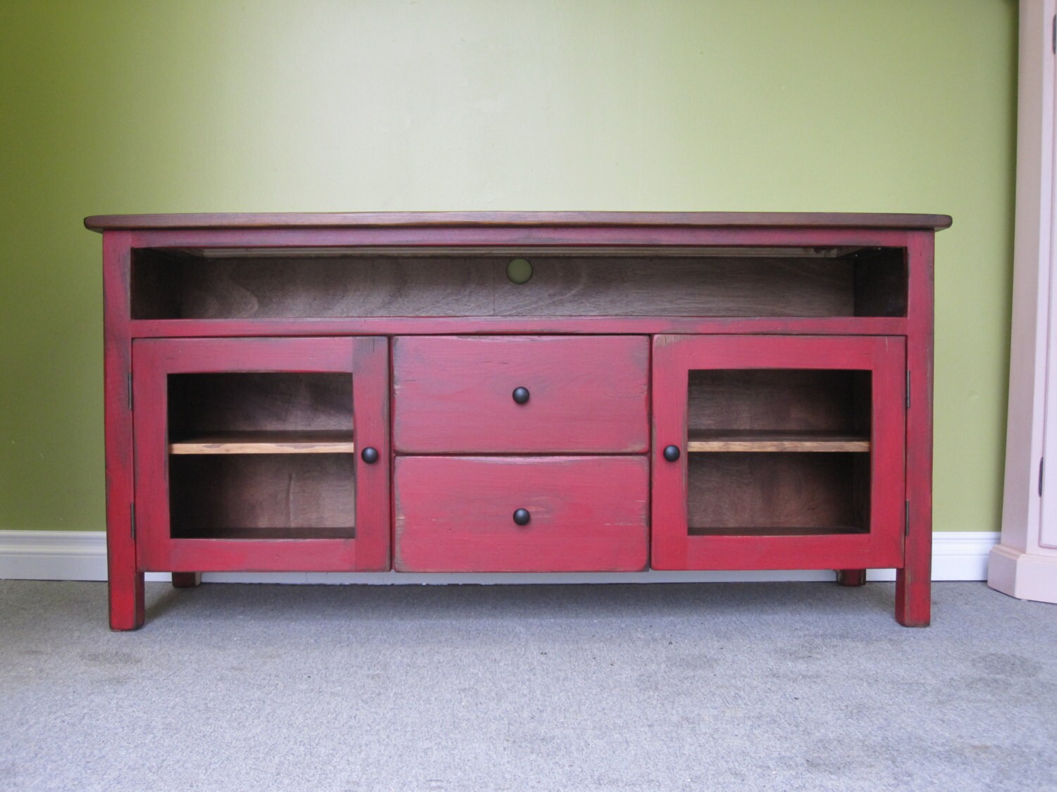 Red TV Stand / Wooden 60 Long TV Console / Cottage Etsy