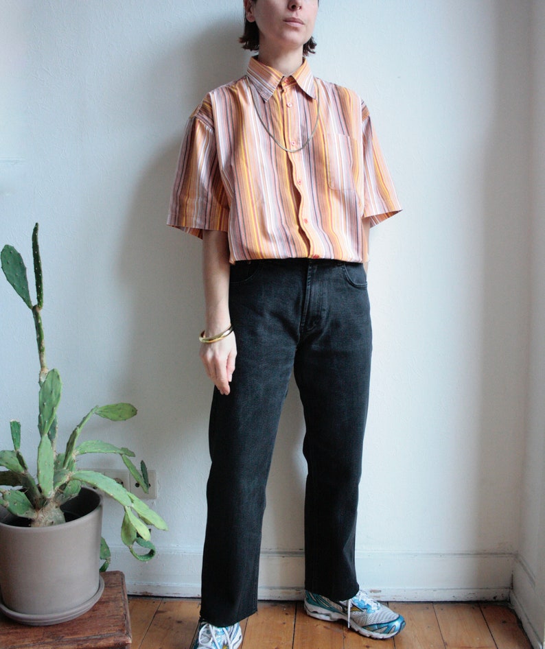 orange unisex loose fit 80s 90s sustainable cloth short sleeve shirt striped Vintage shirt blouse longitudinal stripes