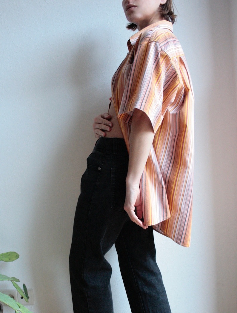 orange unisex loose fit 80s 90s sustainable cloth short sleeve shirt striped Vintage shirt blouse longitudinal stripes