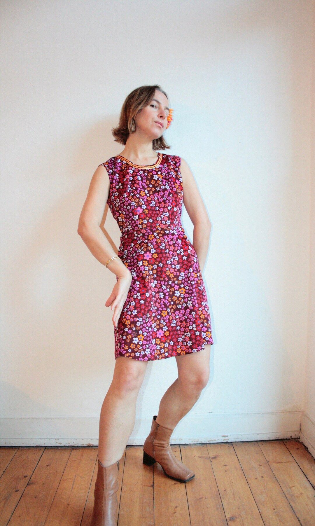 Vintage Dress, Mini Dress, 70s Flower Pattern, Allover Print, Mille — free download