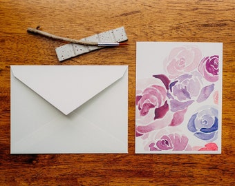 Purple Florals Rose Watercolor Blank Card