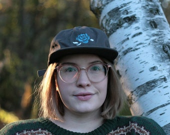 Embroidered Rose Flat Brim Cap in Charcoal