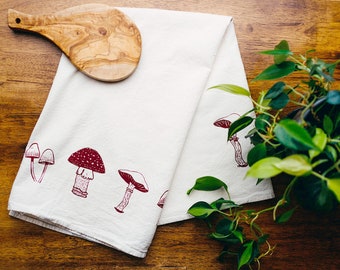 Mushrooms Fungi Toadstool Screen Printed Tea Towel Kitchen Dish Towel