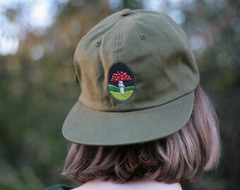 Fly Agaric Mushroom Flat Brim Cap in Olive Green