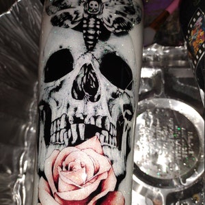 Death Head Moth, Skull Tumbler, Rose Tumbler, Witchy, Wiccan, Lunar Moth, Moon Phase Cup, Witch Tumbler, Skull with Rose, Glittery Tumbler