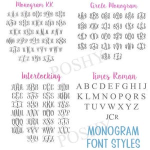 May include: A chart showing different monogram font styles. The styles include Monogram KK, Circle Monogram, Interlocking, and Times Roman. Each style shows the alphabet in uppercase letters.