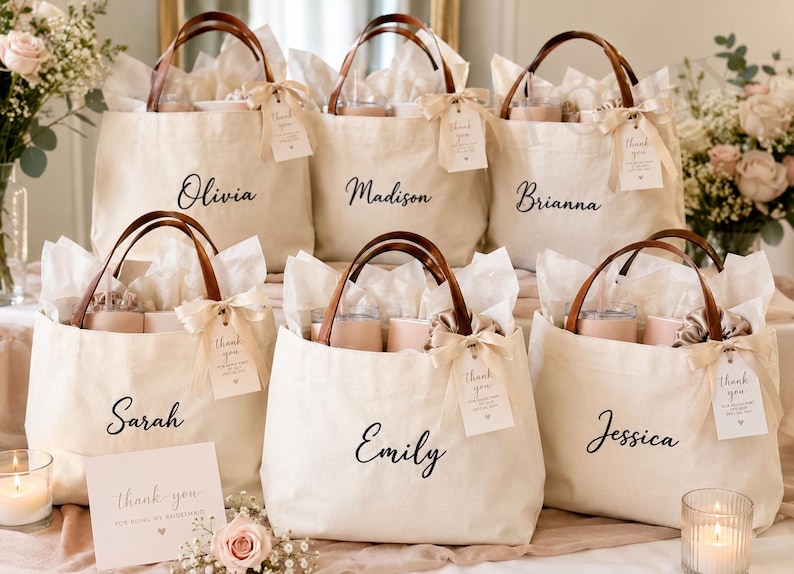 Personalized Bridesmaid Tote Bag, Bridesmaid Gift, Custom Wedding Tote, Maid of Honor Gift, Bridal Party Bag, Bachelorette Weekend Tote image 1