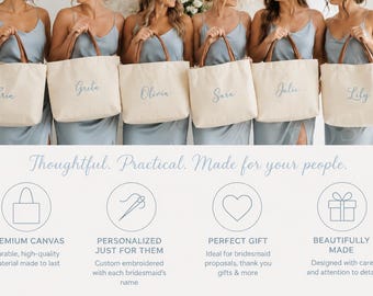 Custom Tote Bag, Bridesmaid Gifts Tote Bag, Embroidered Canvas Tote Bag with Initials, Bridal Shower, Personalized Gifts, Bachelorette Gifts