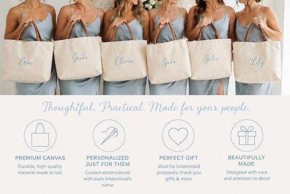 Custom Tote Bag, Bridesmaid Gifts Tote Bag, Embroidered Canvas Tote Bag with Initials, Bridal Shower, Personalized Gifts, Bachelorette Gifts