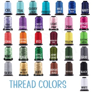 May include: A collection of colorful thread spools, each labeled with a different color name. The thread colors include Ciel, Teal, Cloudy Jade, Parakeet, Wild Iris, Monaco Blue, Navy, Light Purple, Purple, Deep Violet, Light Pink, Pink, Bright Pink, Coral, Electric Orange, Red, Burberry Red, Yellow, Electric Green, Mint, Sage, Apple Green, Army Drab, Hunter, Gray, Silver, Gold Metallic, Buff, Bright Rust, Chocolate, Black, and White.