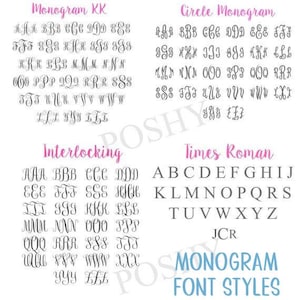 May include: A white background displays four different monogram font styles: Monogram KK, Circle Monogram, Interlocking, and Times Roman. Each style shows the alphabet in a gray color. The text "MONOGRAM FONT STYLES" is in blue.