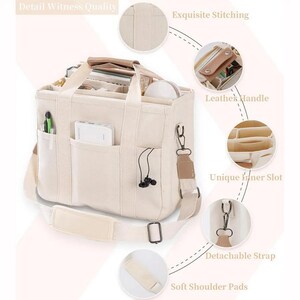 May include: A beige canvas tote bag with multiple pockets and compartments. Features include a detachable strap, soft shoulder pads, and a leather handle. The bag has the text "Detail Witness Quality" and "Exquisite Stitching".