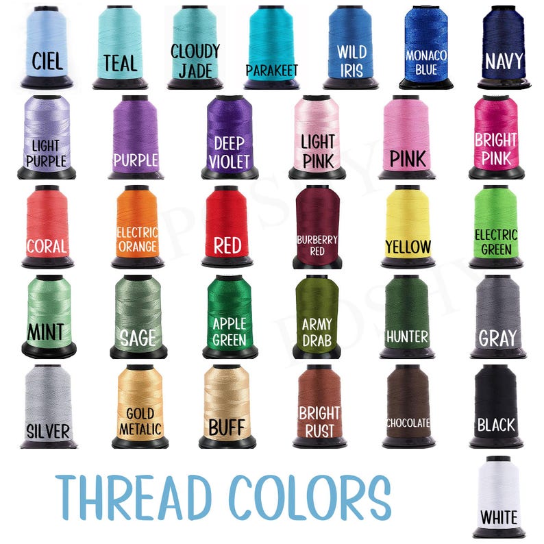 May include: A chart of thread colors with names for each color. The colors include teal, navy, purple, pink, red, yellow, green, mint, sage, apple green, army drab, hunter, gray, silver, gold, buff, bright rust, chocolate, black, and white.