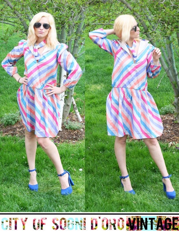 Vintage 70s Dress, Gray Striped Dress w Pink, Purp