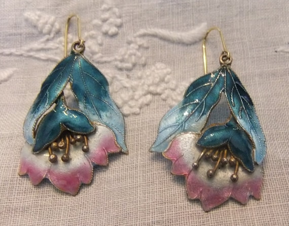 Vintage 1990s Cloisonné Enamel Earrings, Pink Peo… - image 1