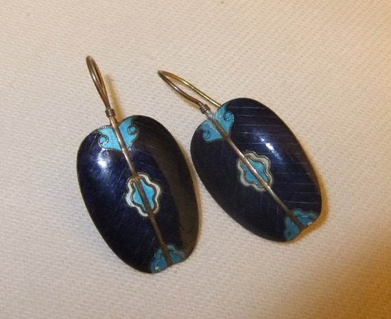 Navy Blue and Turquoise Pierced Earrings, Enamel … - image 3