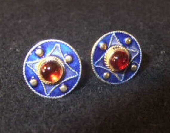 Petite Cobalt Enamel with Amber Colored Stone Pie… - image 1
