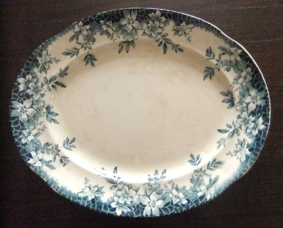Vintage Staffordshire Oval Platter: Blue Floral Transferware
