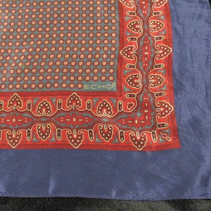 Square Blue, Cranberry Red, and Green Silk Scarf by Echo, 1980s