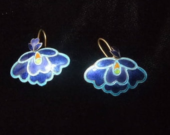 Vintage Shashi Blue and Cobalt Enamel on Sterling Silver Floral Earrings