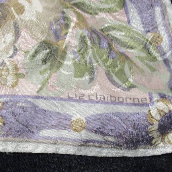 Large Liz Claiborne Silk Jacquard Floral Scarf, Pastel Pink, Lavender, Green, Ivory
