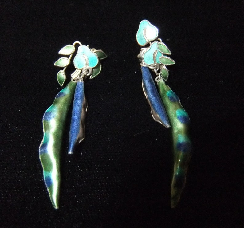 Green Enamel on Sterling Pea Pods Dangling Earrings Etsy