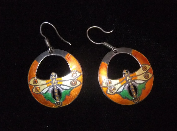 Cloisonné Enamel on Silver Butterfly Earrings, Ta… - image 1