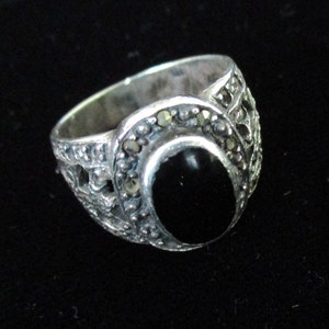 Sterling Silver Marcasite Ring with Black Onyx Stone, Size 7