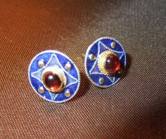 Petite Cobalt Enamel with Amber Colored Stone Pie… - image 2