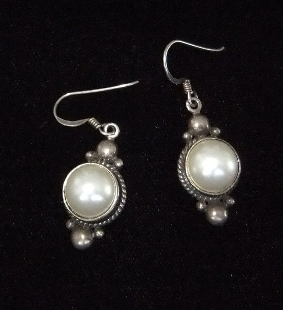 Round Faux Mabe Pearl and Sterling Silver Danglin… - image 2