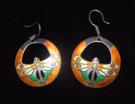 Cloisonné Enamel on Silver Butterfly Earrings, Ta… - image 2