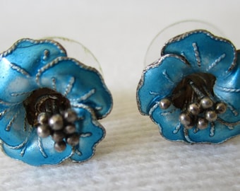 Vintage Five Petal Blue Enamel on Sterling Floral Post Earrings