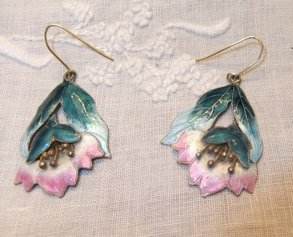 Vintage 1990s Cloisonné Enamel Earrings, Pink Peo… - image 3