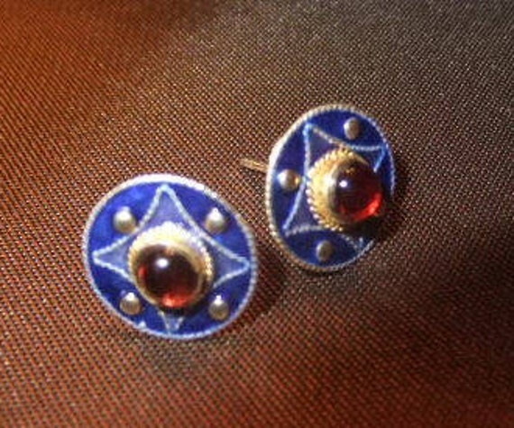 Petite Cobalt Enamel with Amber Colored Stone Pie… - image 6