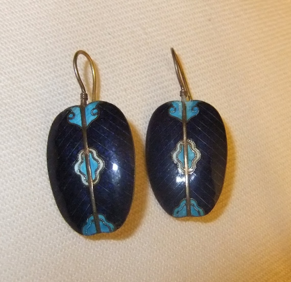 Navy Blue and Turquoise Pierced Earrings, Enamel … - image 2