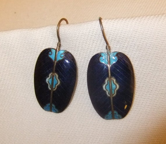 Navy Blue and Turquoise Pierced Earrings, Enamel … - image 1